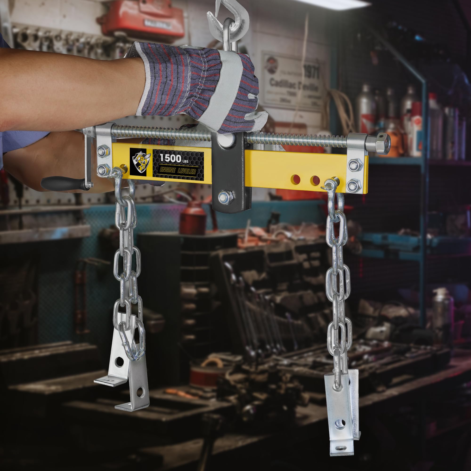 YELLOW JACKET leveler attached to engine hoist lifting an engine to demonstrate practical workshop use