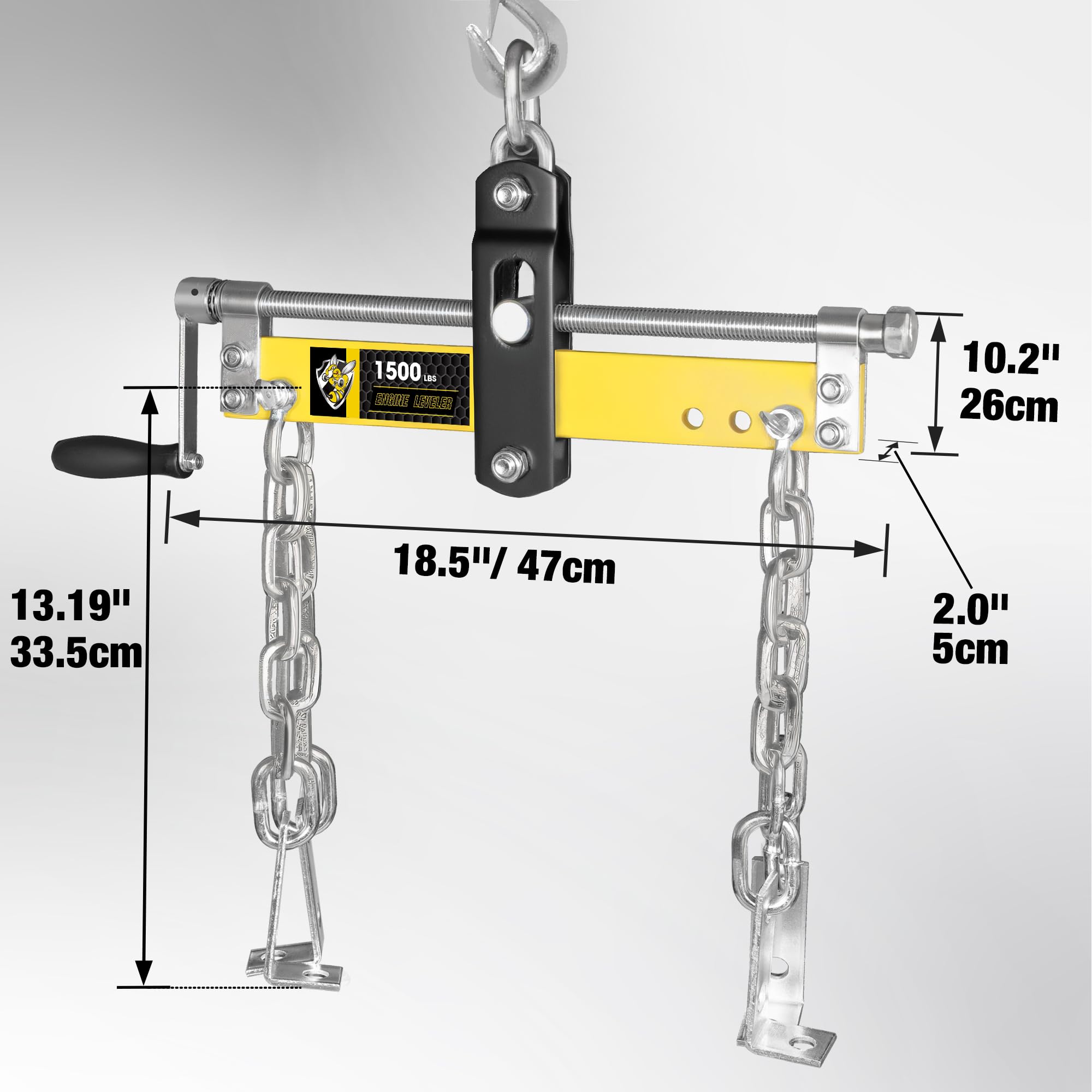 YELLOW JACKET side profile of assembled leveler illustrating three chain-mount positions for balance options