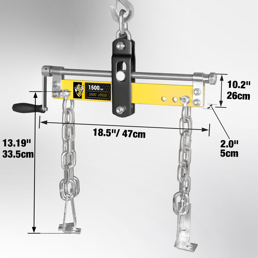 YELLOW JACKET side profile of assembled leveler illustrating three chain-mount positions for balance options