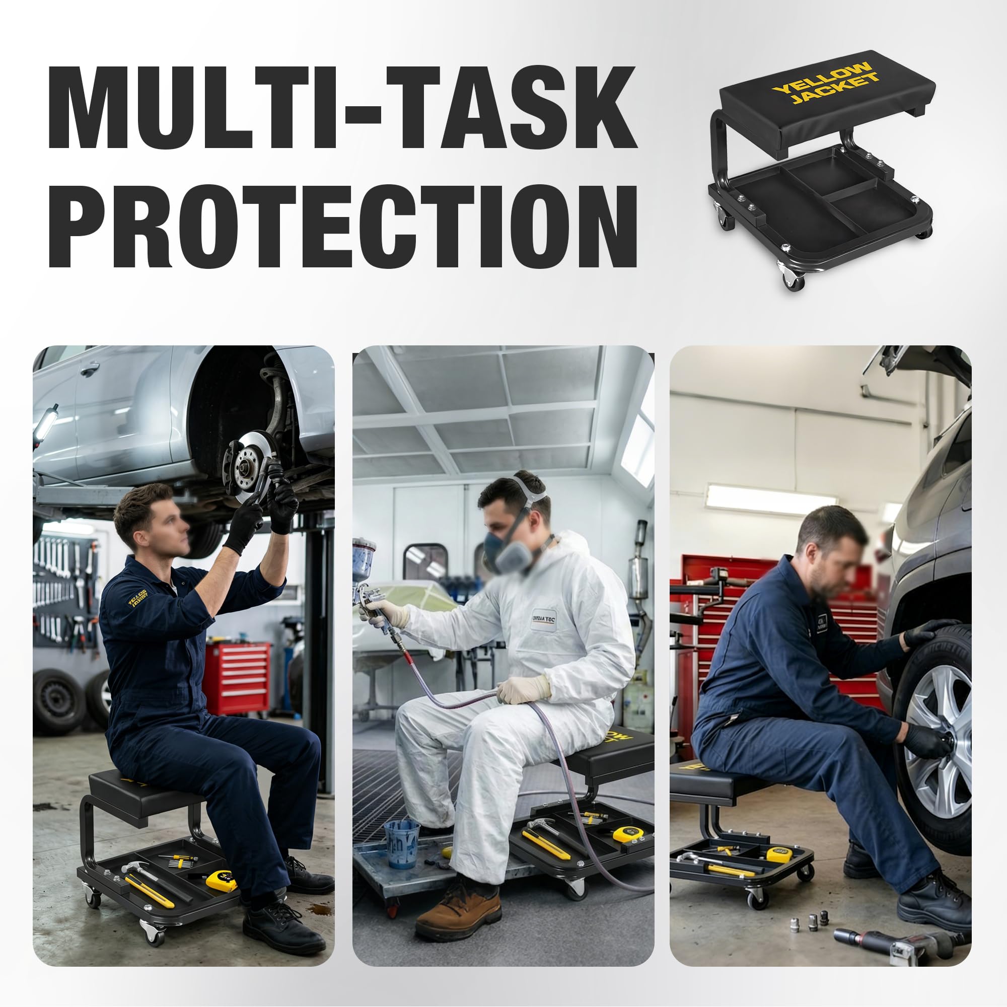 YELLOW JACKET lifestyle photo in garage, demonstrating stool in active automotive repair environment