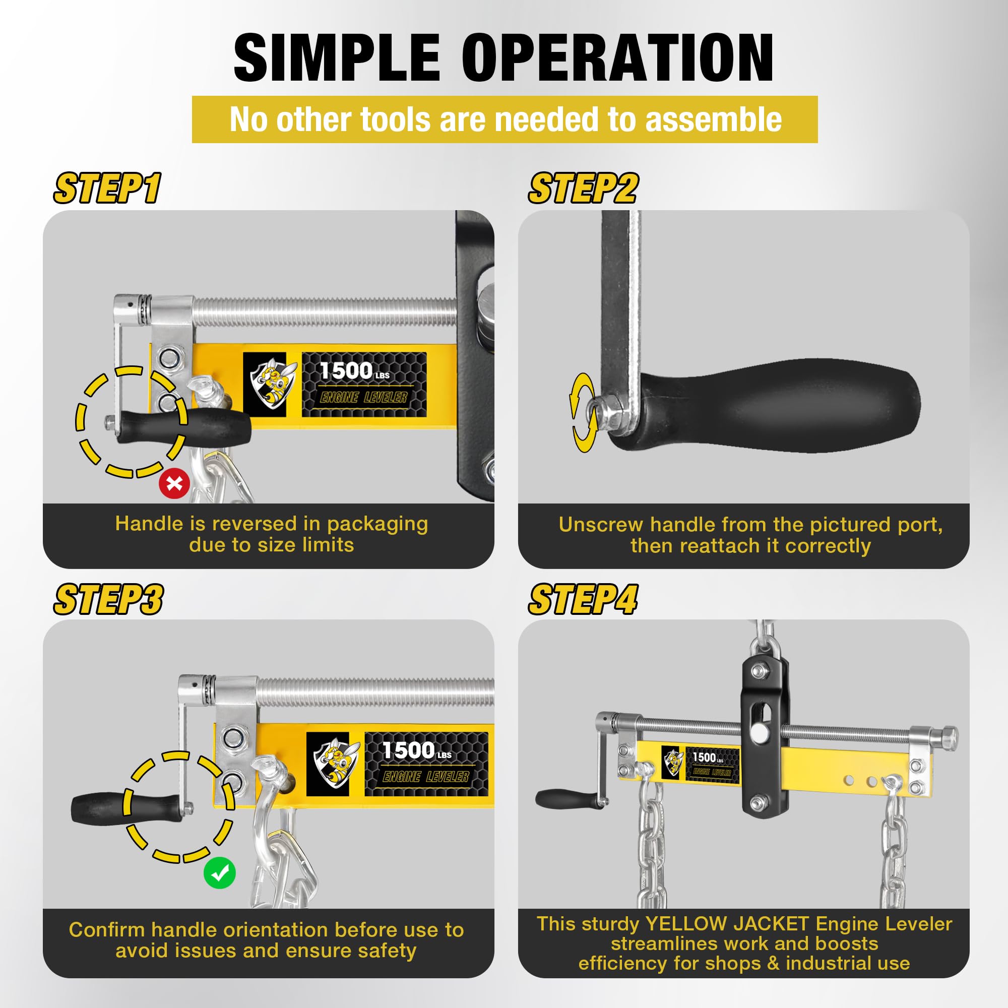 YELLOW JACKET threaded shaft close-up showing fine-control mechanism for precise engine leveling
