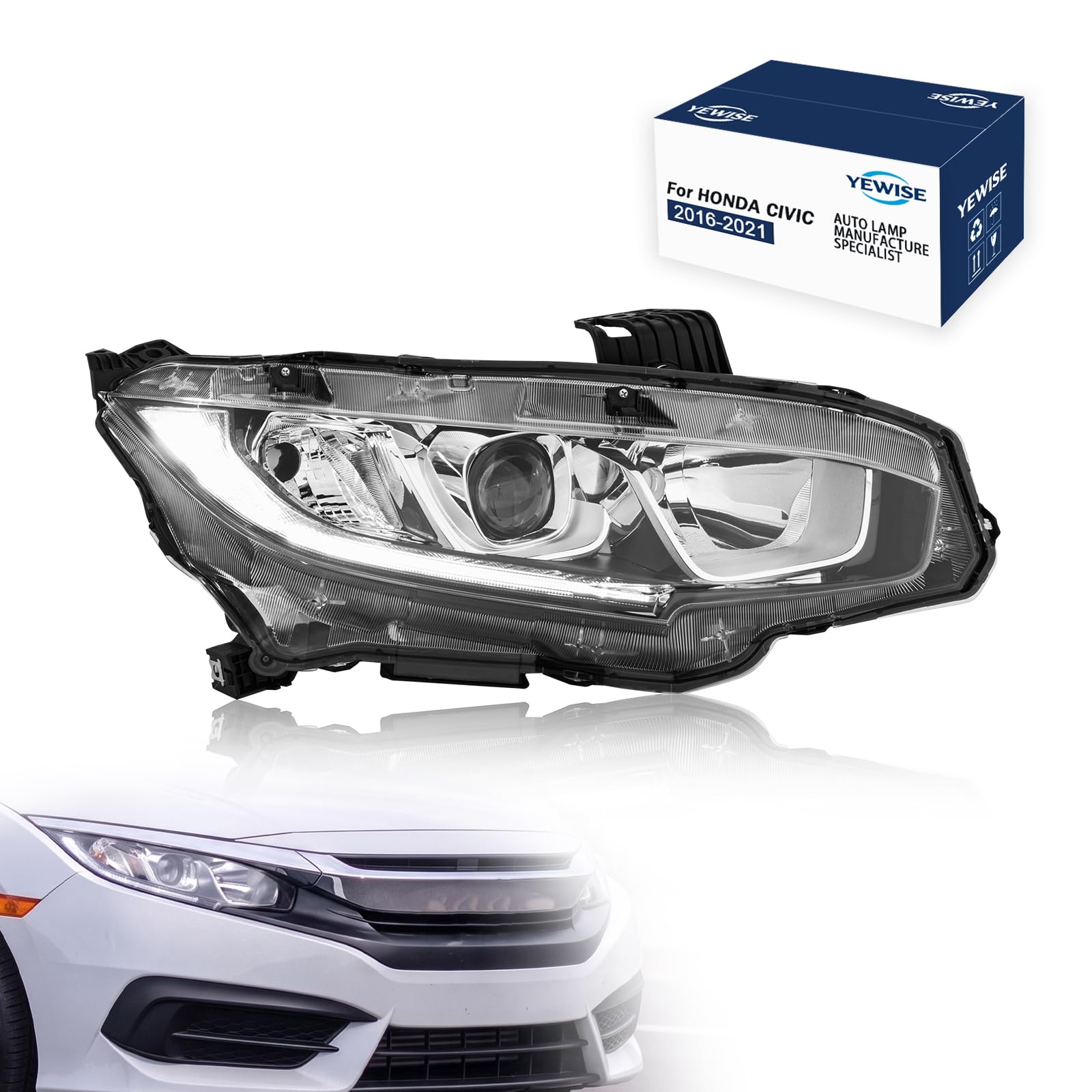 YEWISE right-side headlight front view showing clear lens and OEM fit