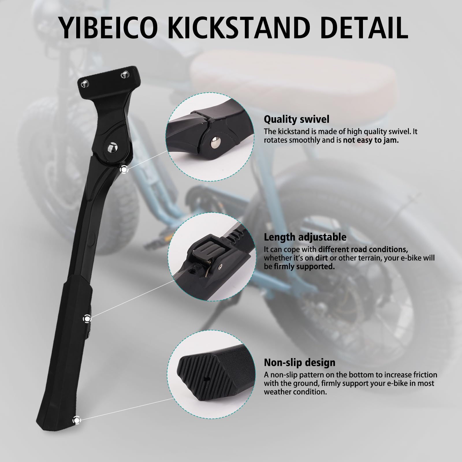 YIBEICO kickstand base foot detail providing better ground contact and grip