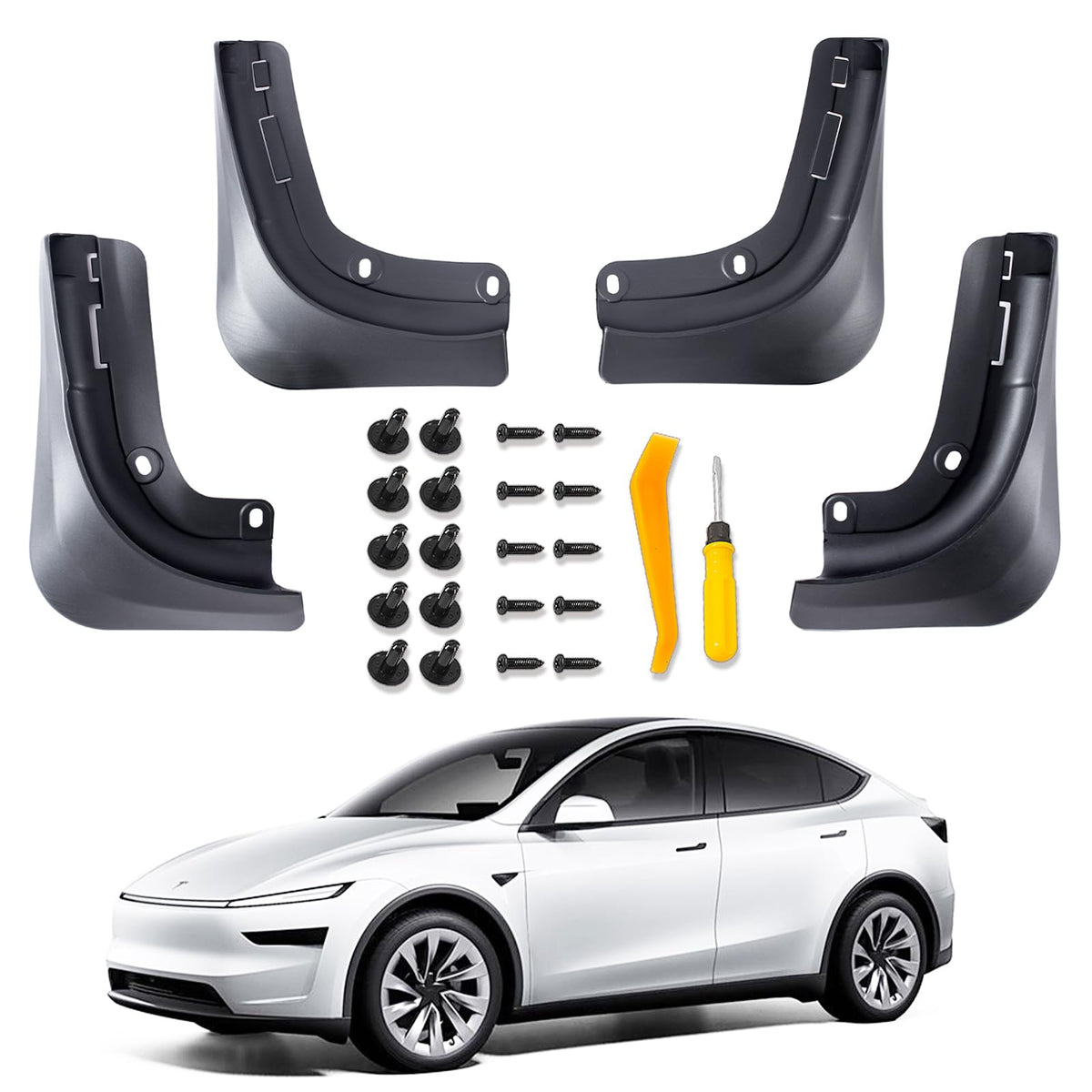 Yieokei front packaging showing mud flaps and included hardware for quick install