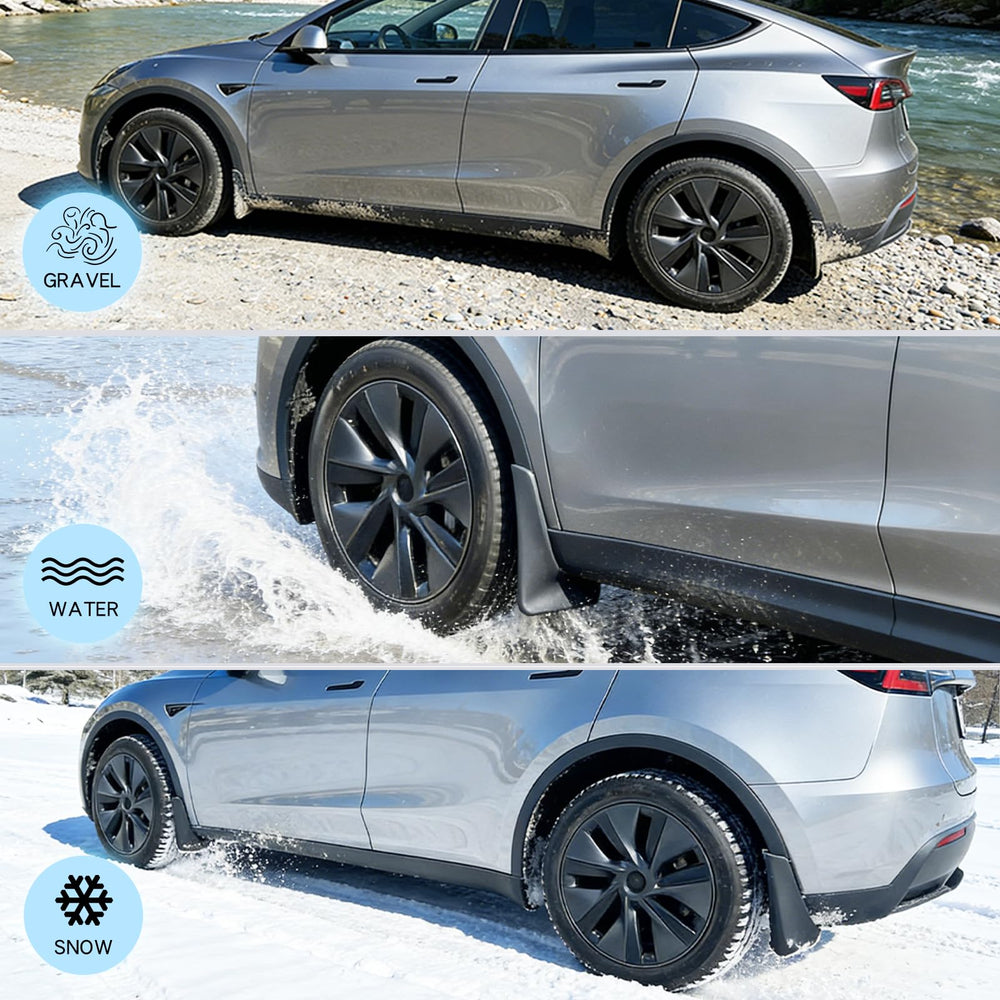 Yieokei mud flaps on Model Y driving on wet road reducing splash and dirt