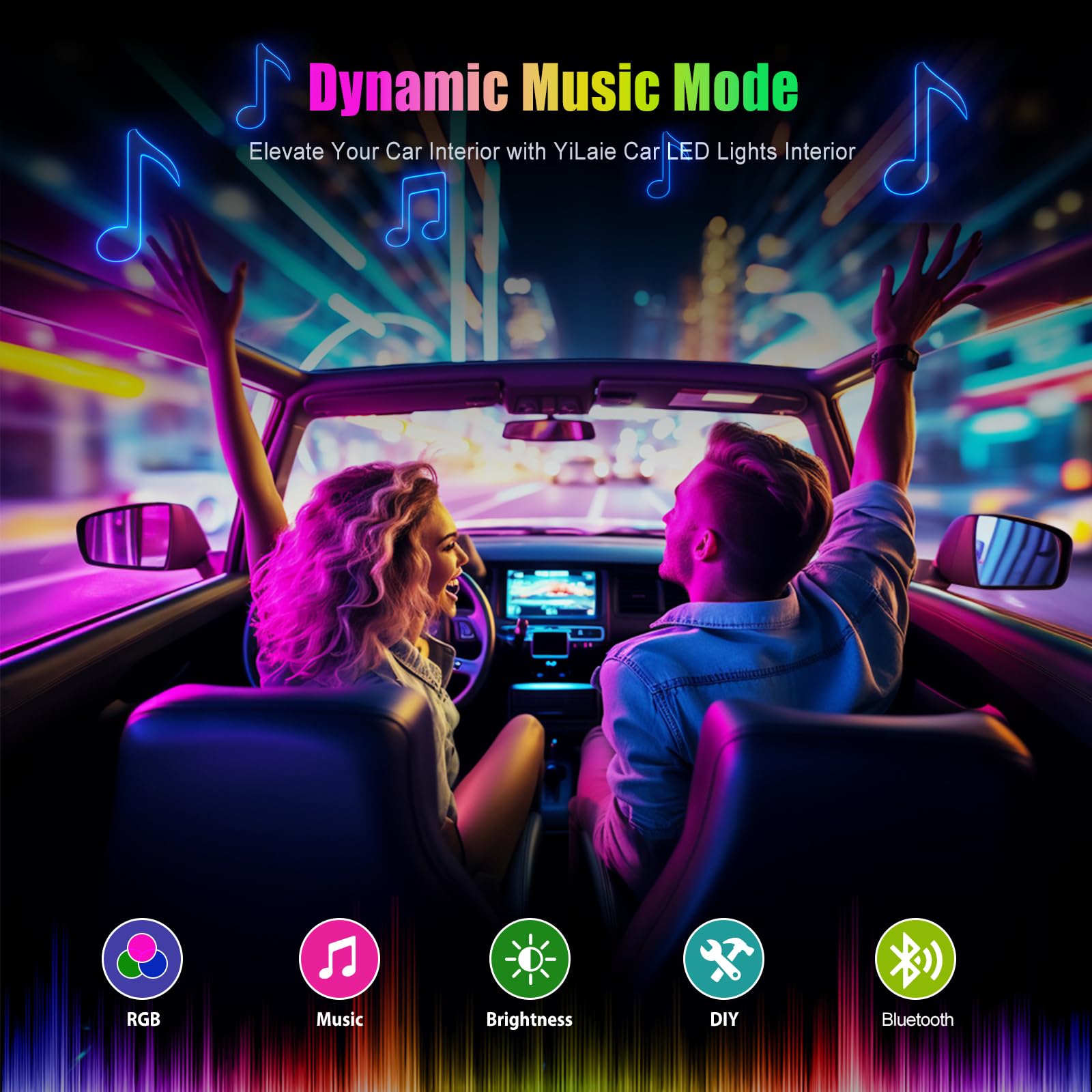 YiLaie LED strips installed in a car footwell, creates ambient mood lighting