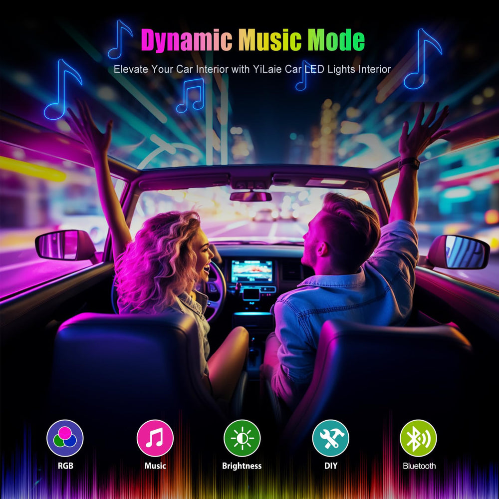 YiLaie LED strips installed in a car footwell, creates ambient mood lighting