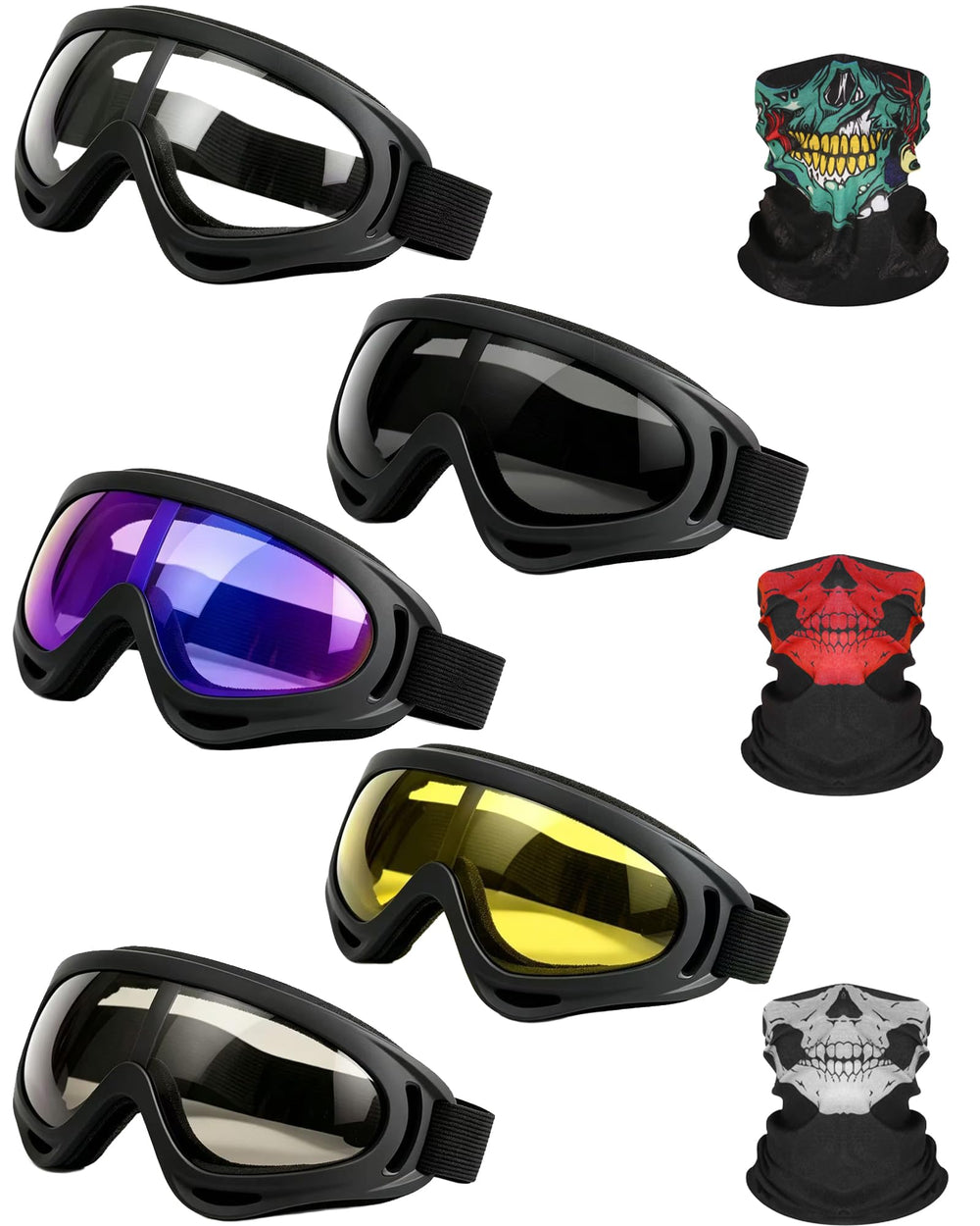YISUGOOC front pack layout showing five goggles and three masks, ready for outings