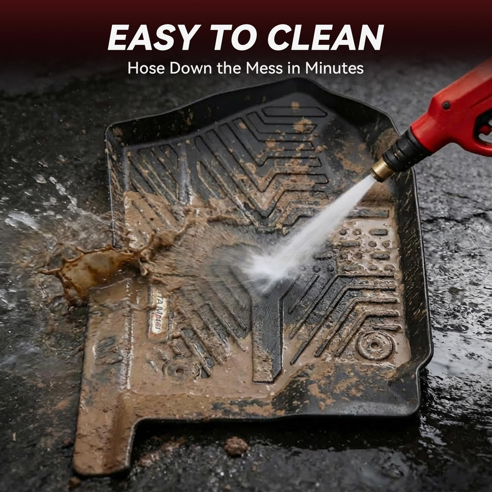 YITAMOTOR mat with muddy boot demonstrating quick hose-off cleaning benefit