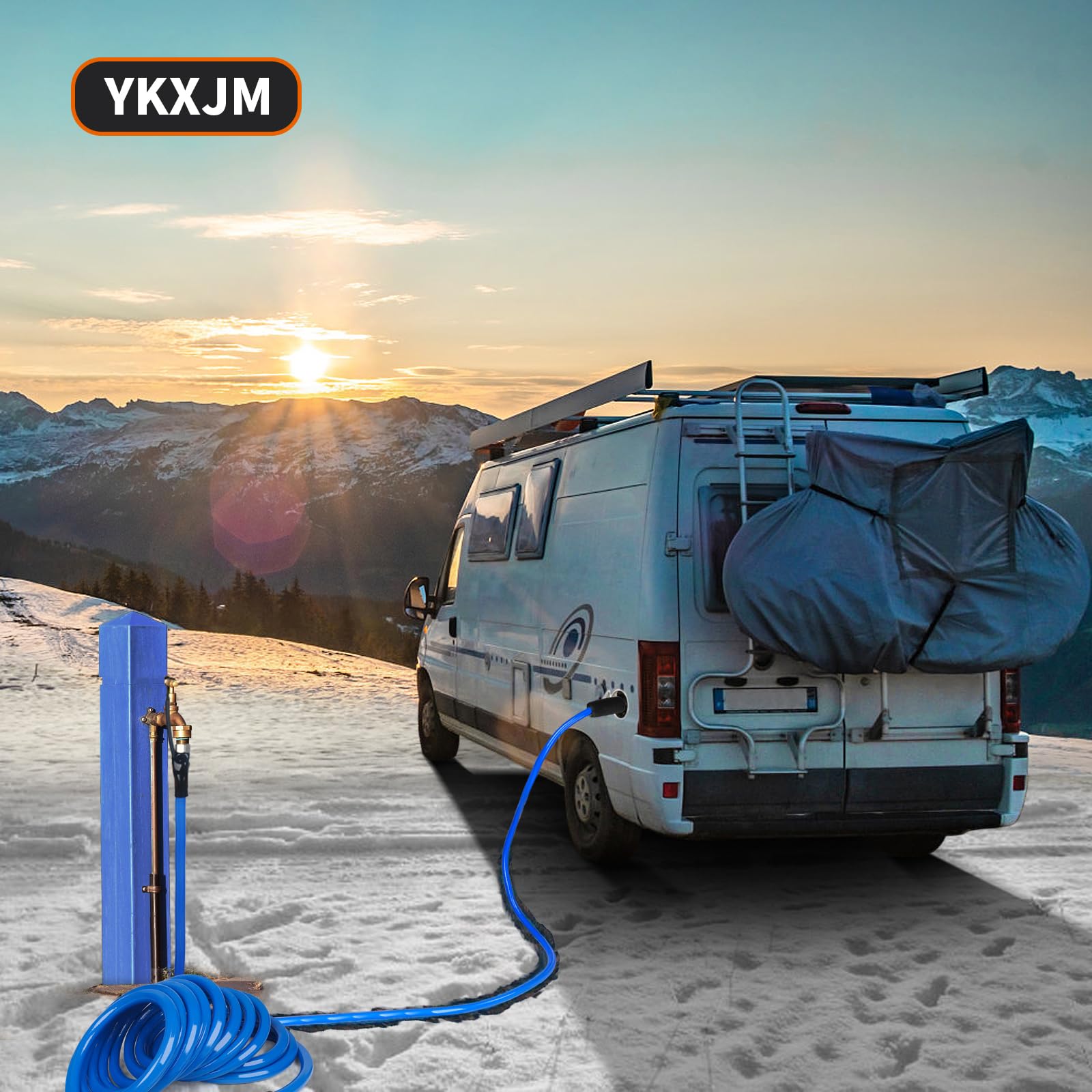 YKXJM heated hose at winter campsite showing freeze protection and outdoor reliability