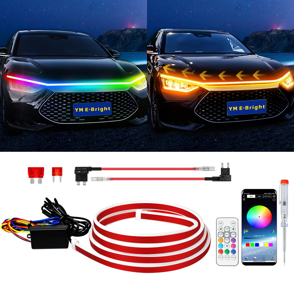 YM E-Bright front-mounted hood strip showing bold daytime visibility benefit