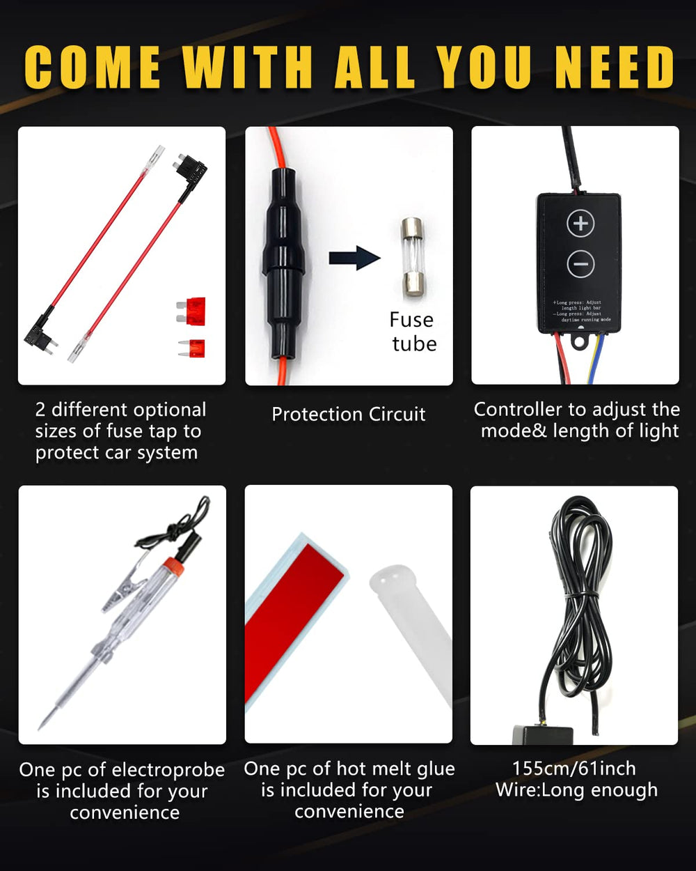 YM E-Bright fuse-tap adapters and tools showing safe installation readiness