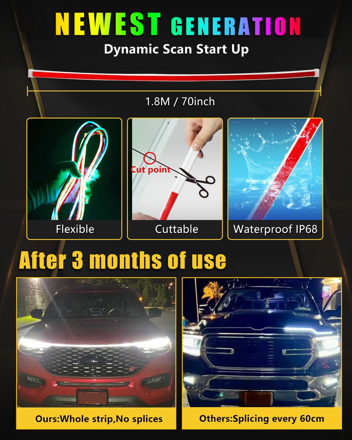 YM E-Bright installed on vehicle front showing app-controlled RGB glow for stylish visibility