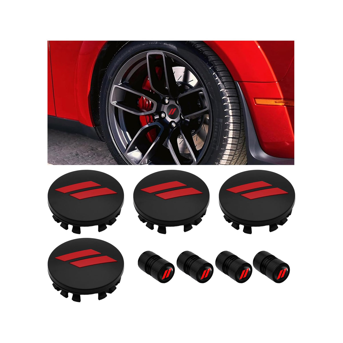 Ynnloyss front-facing hub caps showing double-stripe logo and enhanced wheel look