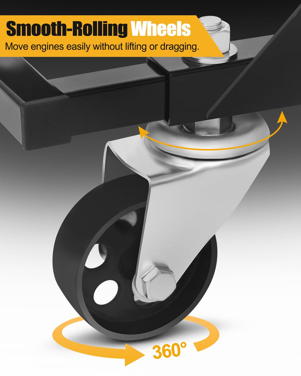 YOLANDO engine cradle in a garage setting showing practical workshop mobility benefit