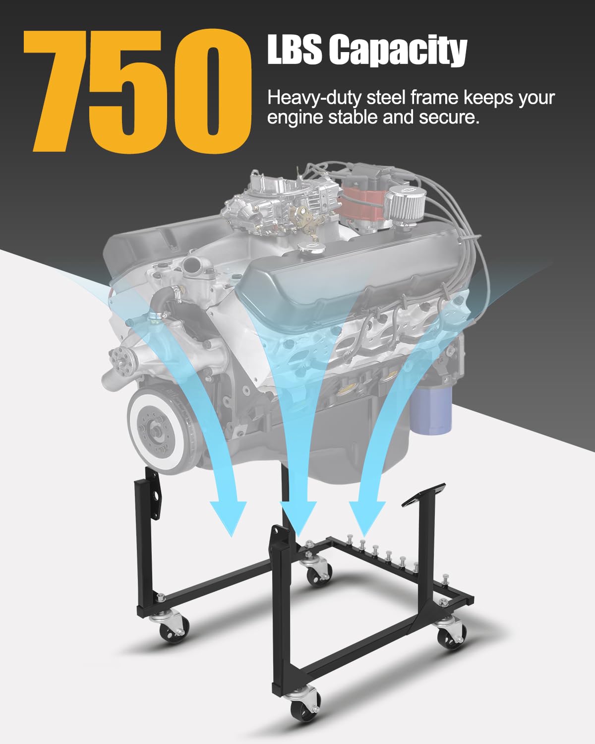 YOLANDO cradle with mounted Chevy engine side profile demonstrating stable support benefit