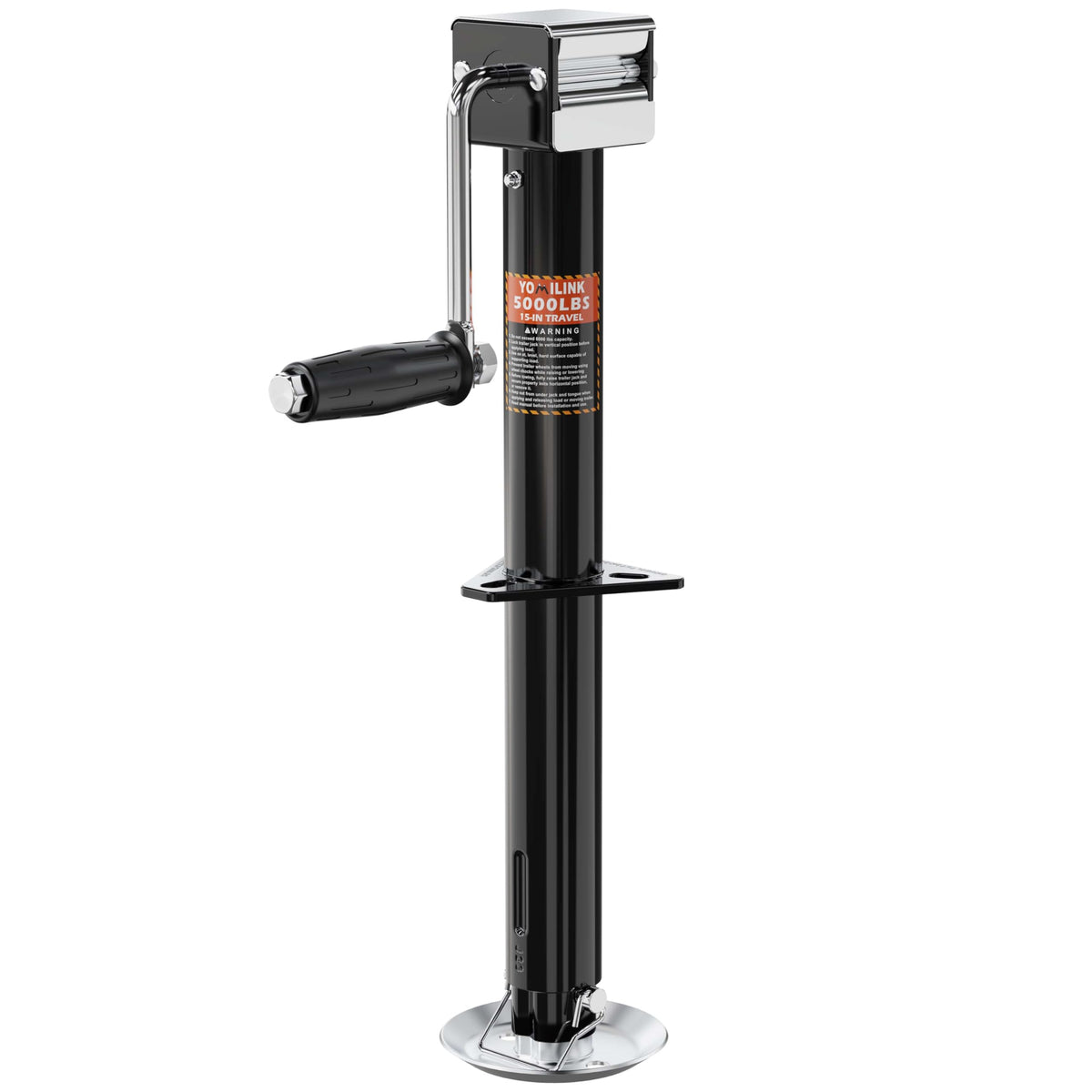 YOMILINK front mount A-frame jack shown installed on tongue for secure trailer support