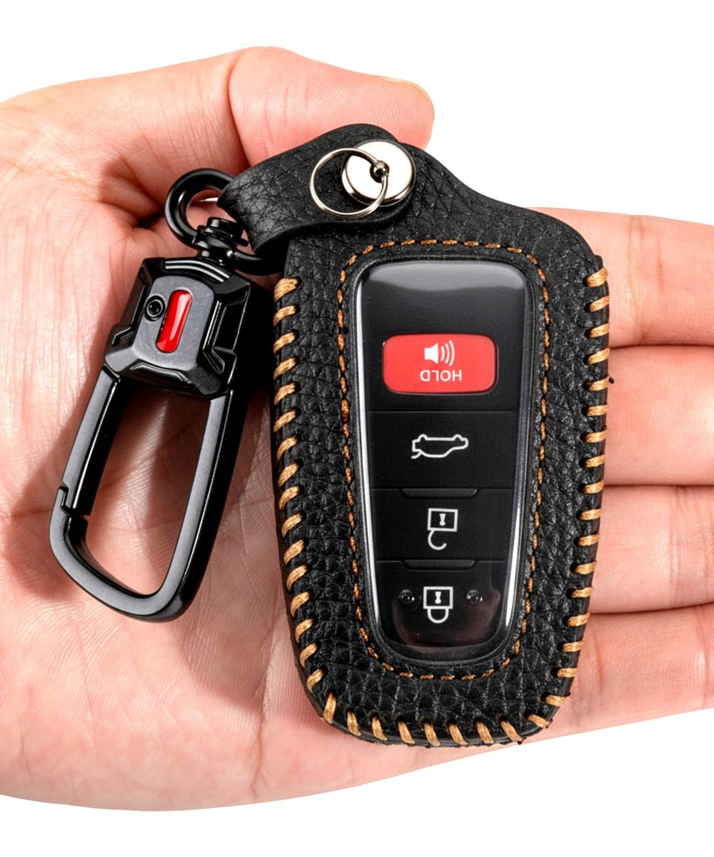 YONUFI front view of black leather key fob cover shows refined protection benefit