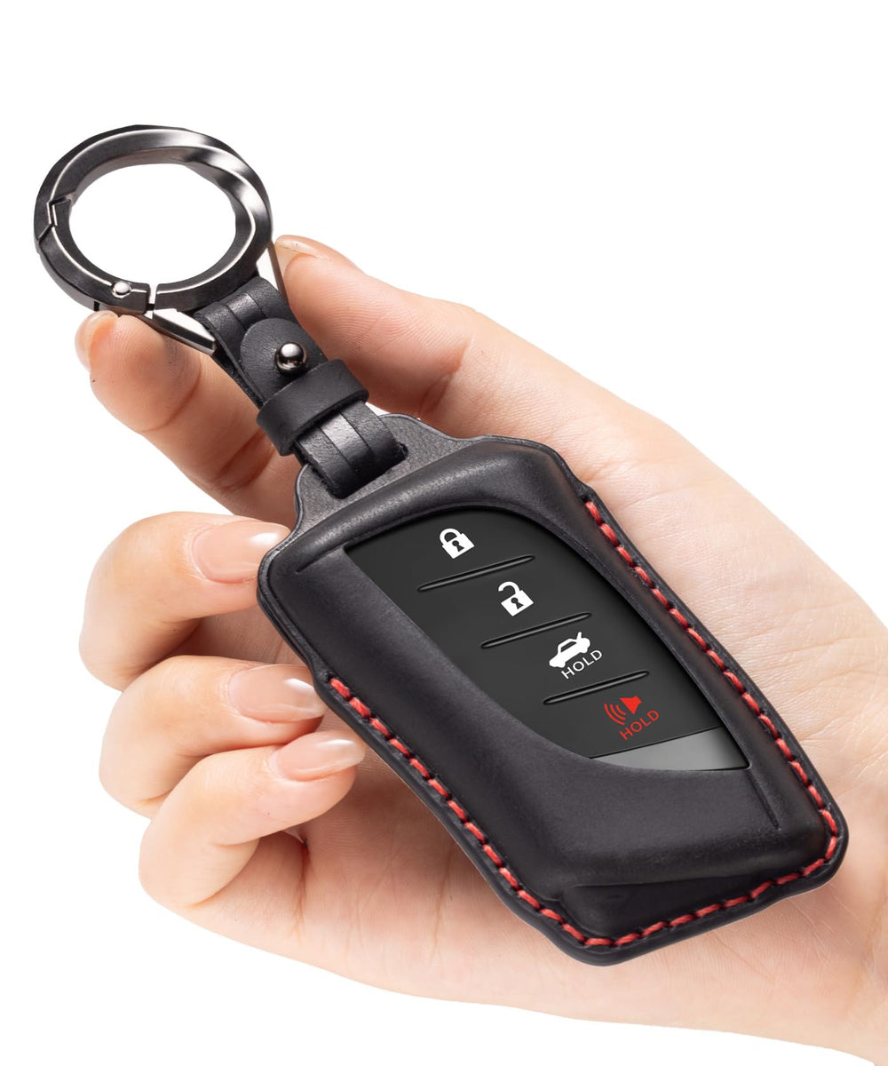 YONUFI front view of leather key fob cover showing button openings and fit benefit