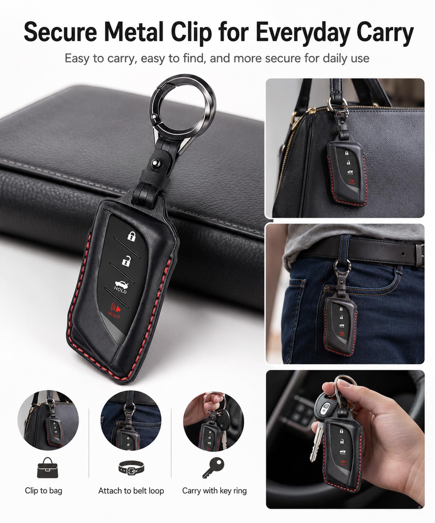 YONUFI metal keychain attached to cover showing secure carry and anti-loss benefit