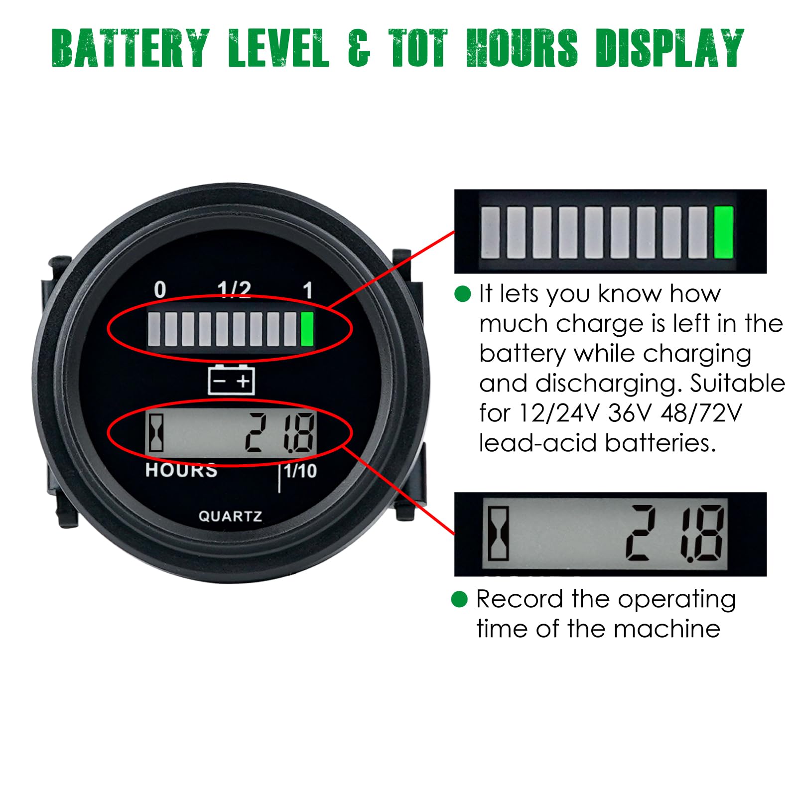 YOOREAL close-up of 10-LED bar highlighting clear color-coded battery levels