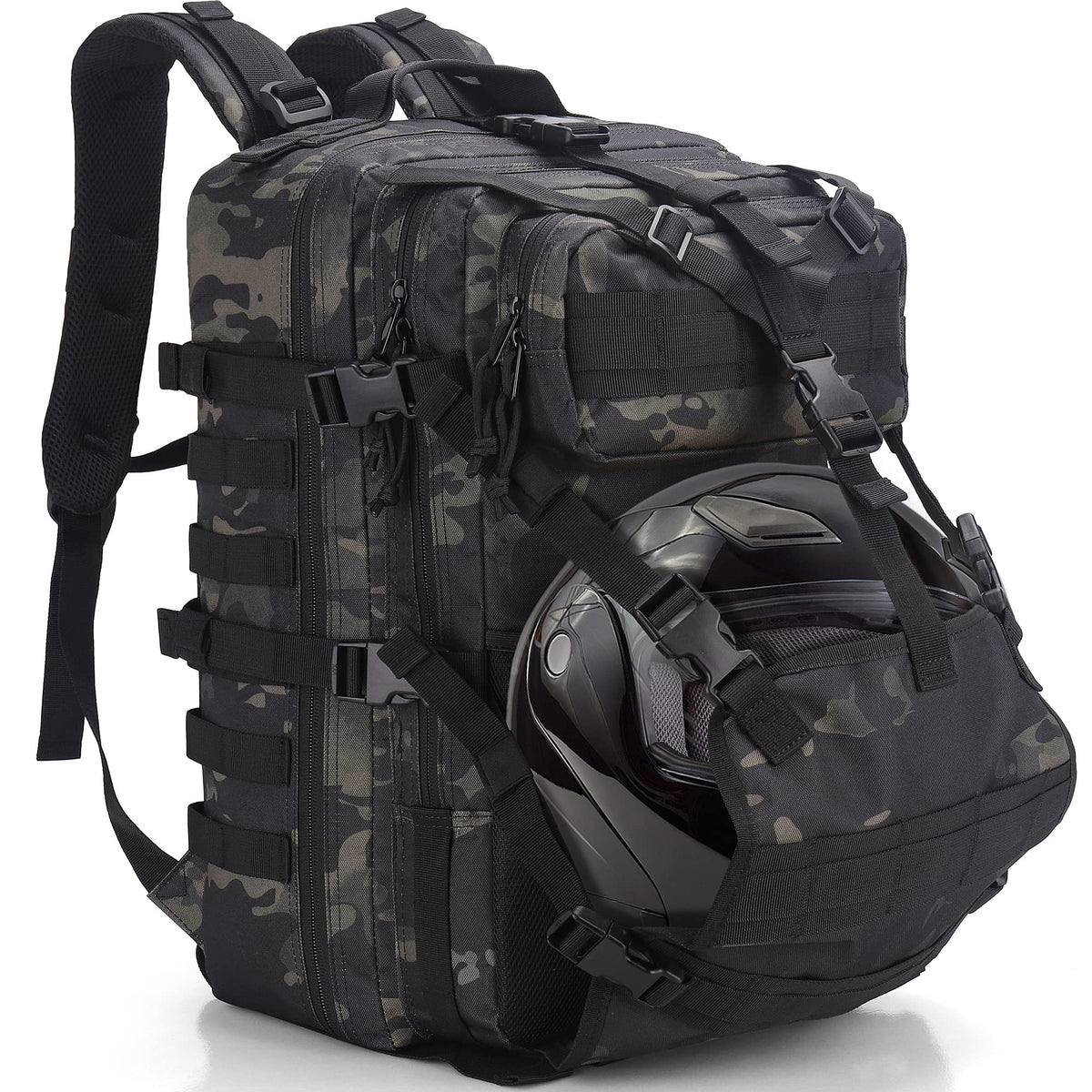 YOUNGOA front view of green camo backpack showing pockets and shape for secure transport