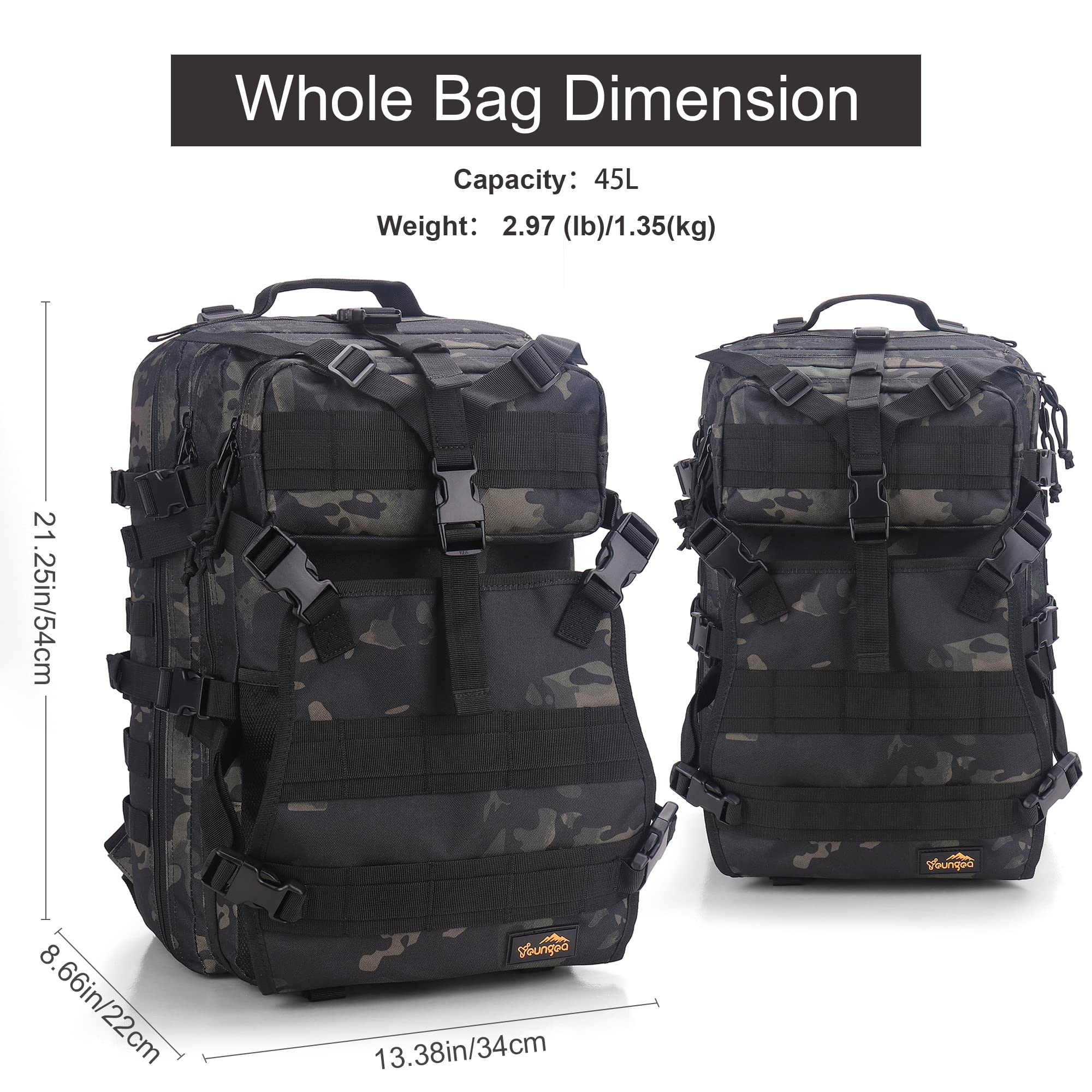 YOUNGOA backpack next to full-face helmet to show 45L capacity and fit benefit