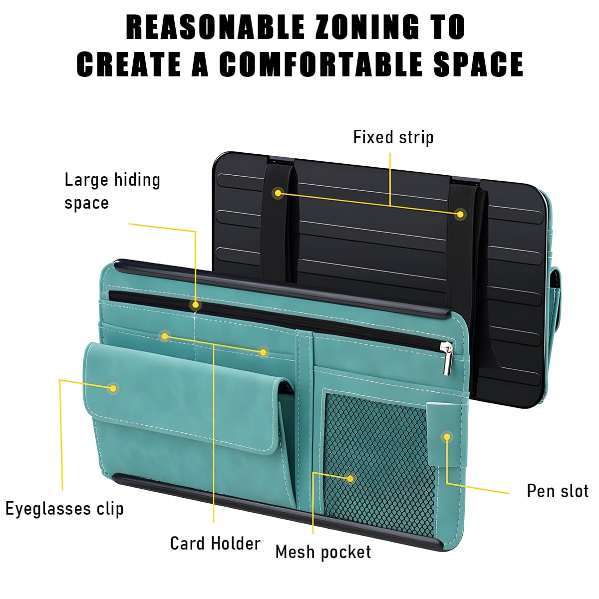 Yourkar open compartments filled with glasses, pens, and cards for quick retrieval