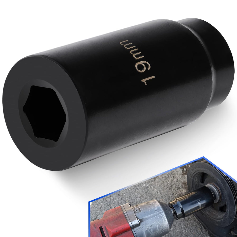 Yoursme front view 19mm socket showing hex opening and 1/2" drive for secure bolt removal