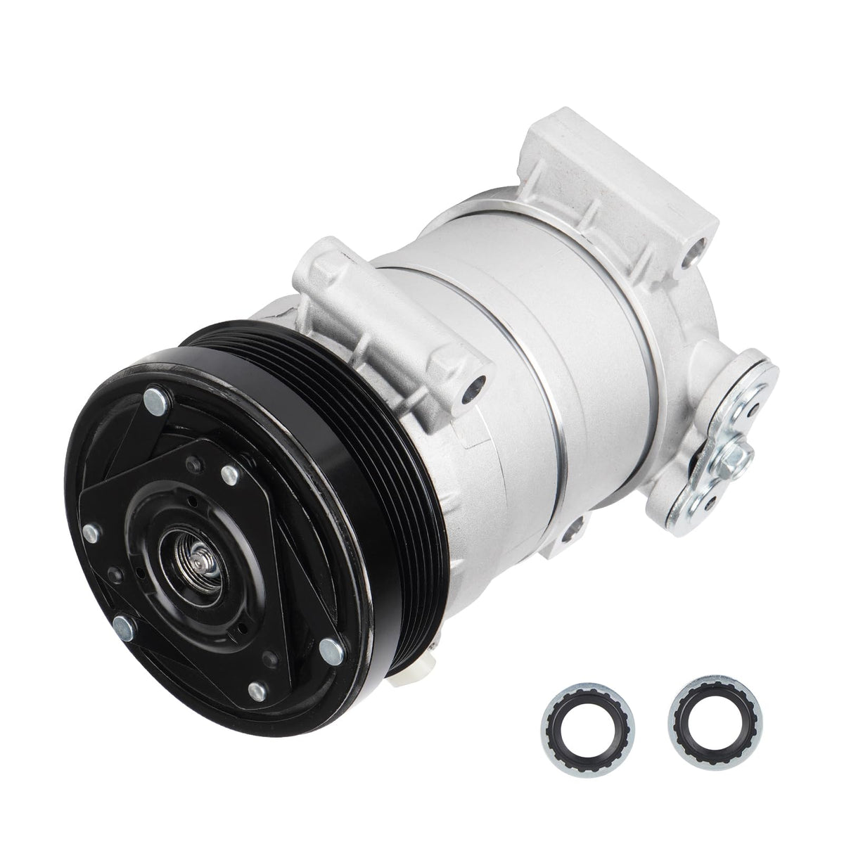 Youxmoto compressor front view showing mounting points and clutch, reliable direct fit