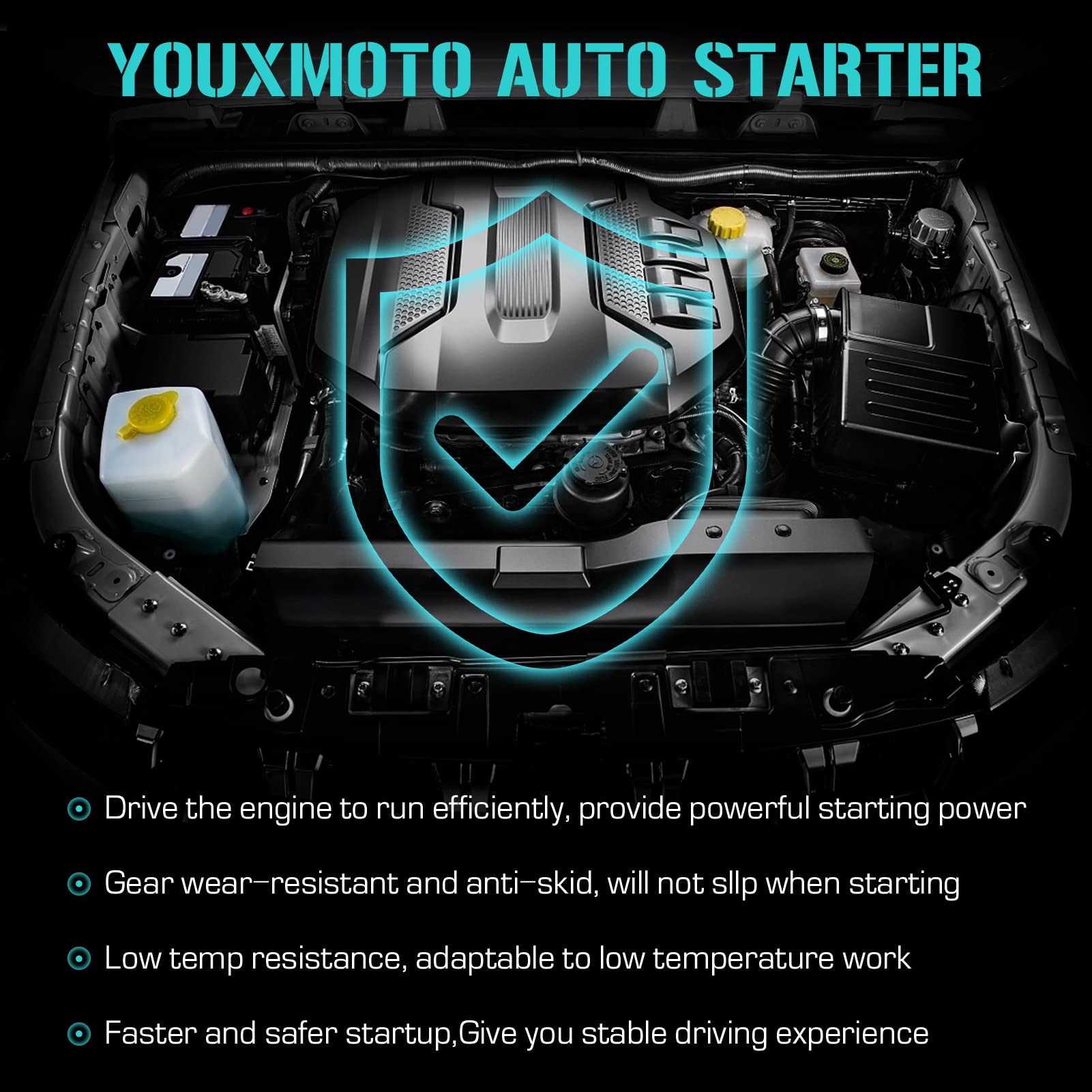 Youxmoto starter installed in a Ford Ranger engine bay demonstrating correct fitment