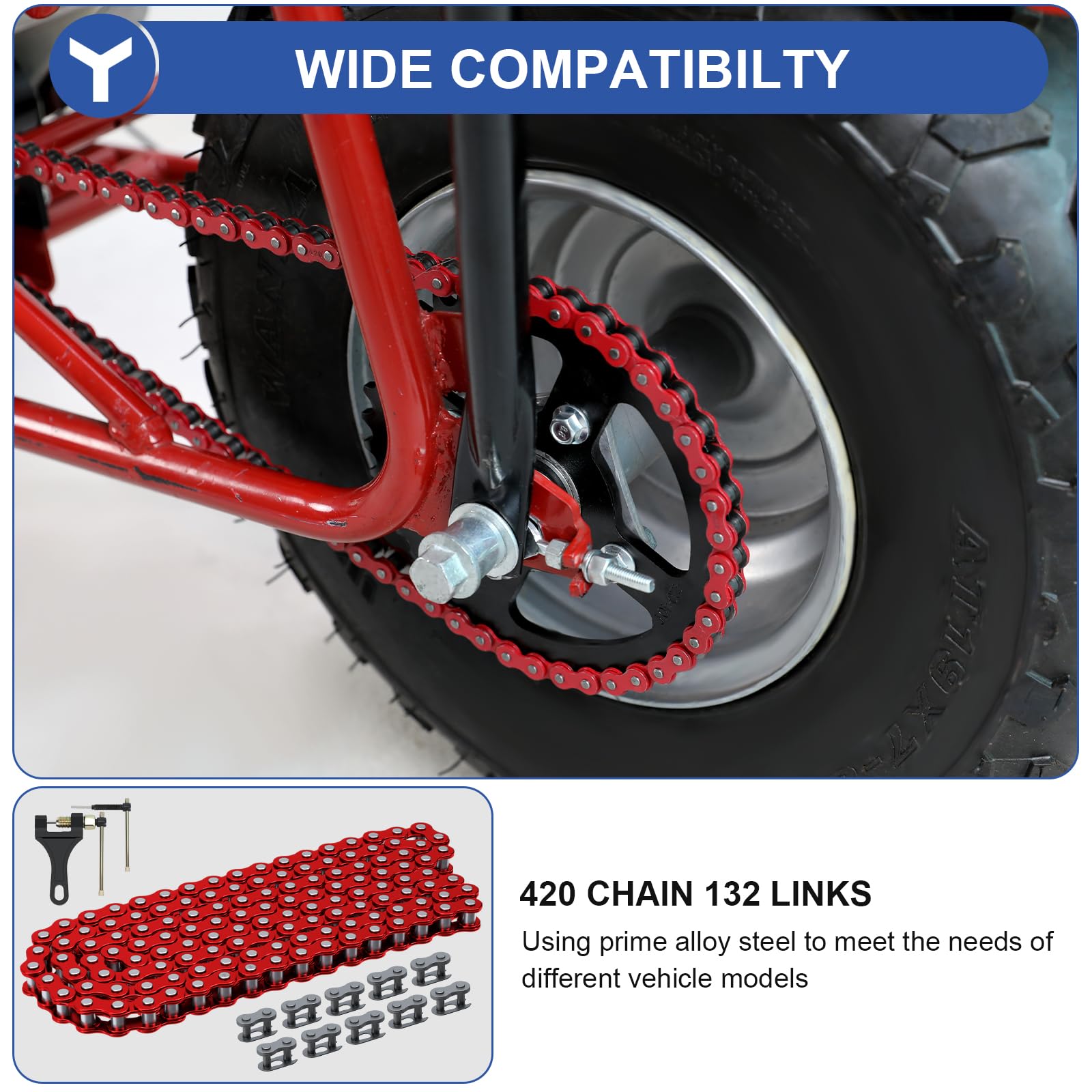 YOXUFA closeup of 420 chain links highlighting wear resistance