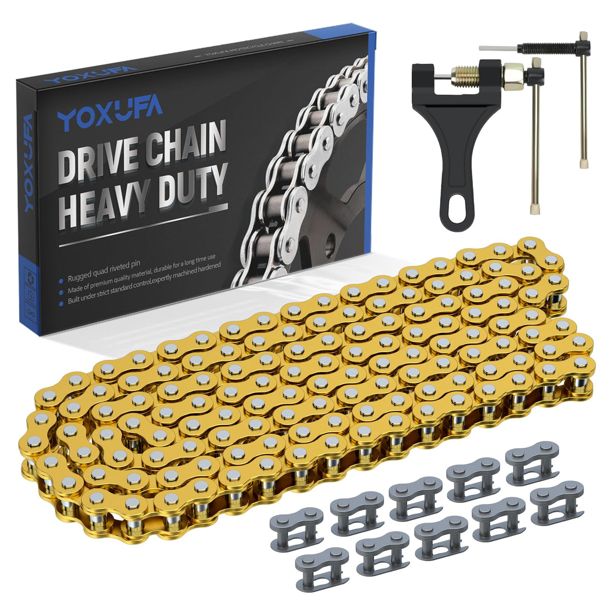 YOXUFA front view of 420 chain kit with contents visible, sturdy replacement