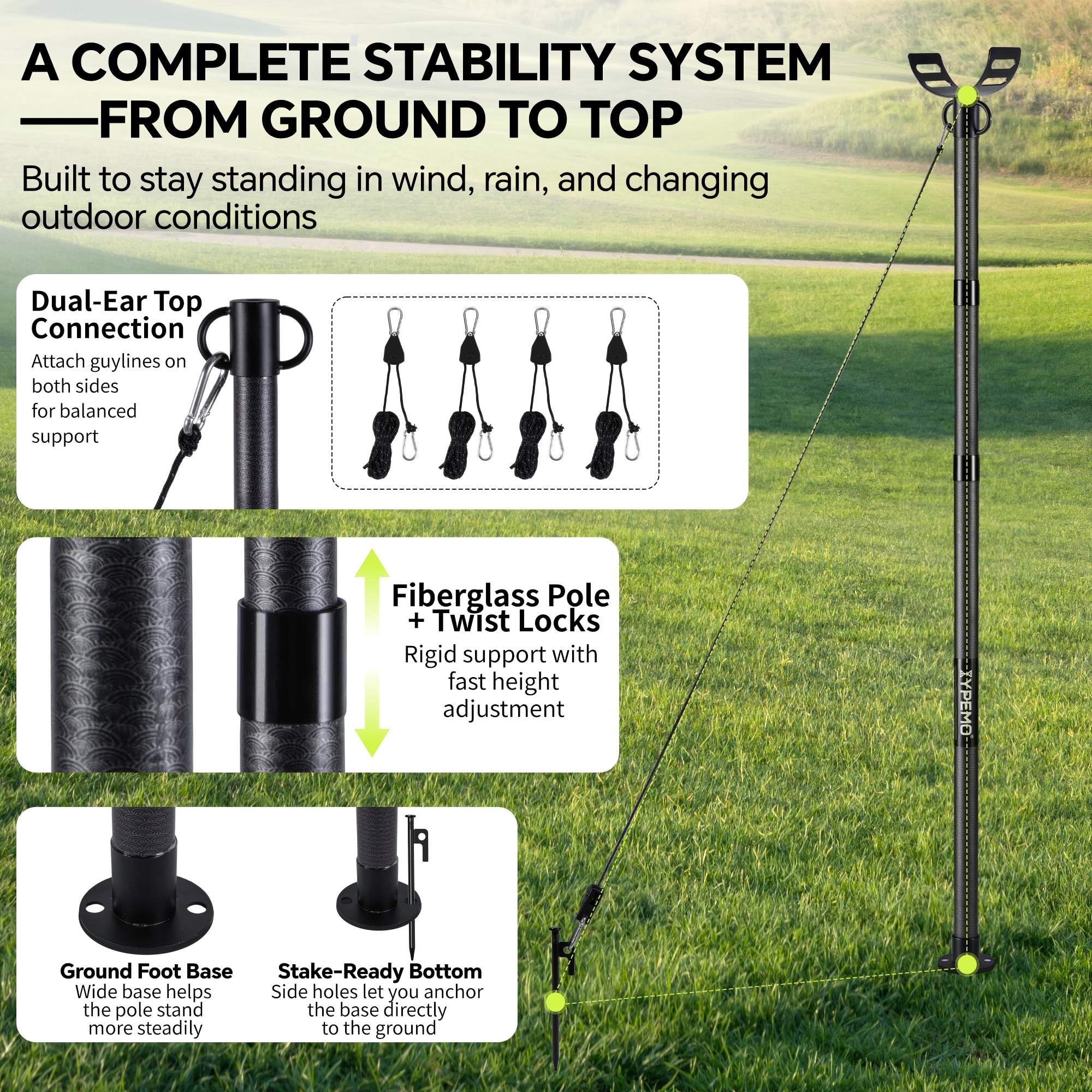 YPEMO base foot with metal stake showing firm ground anchoring benefit