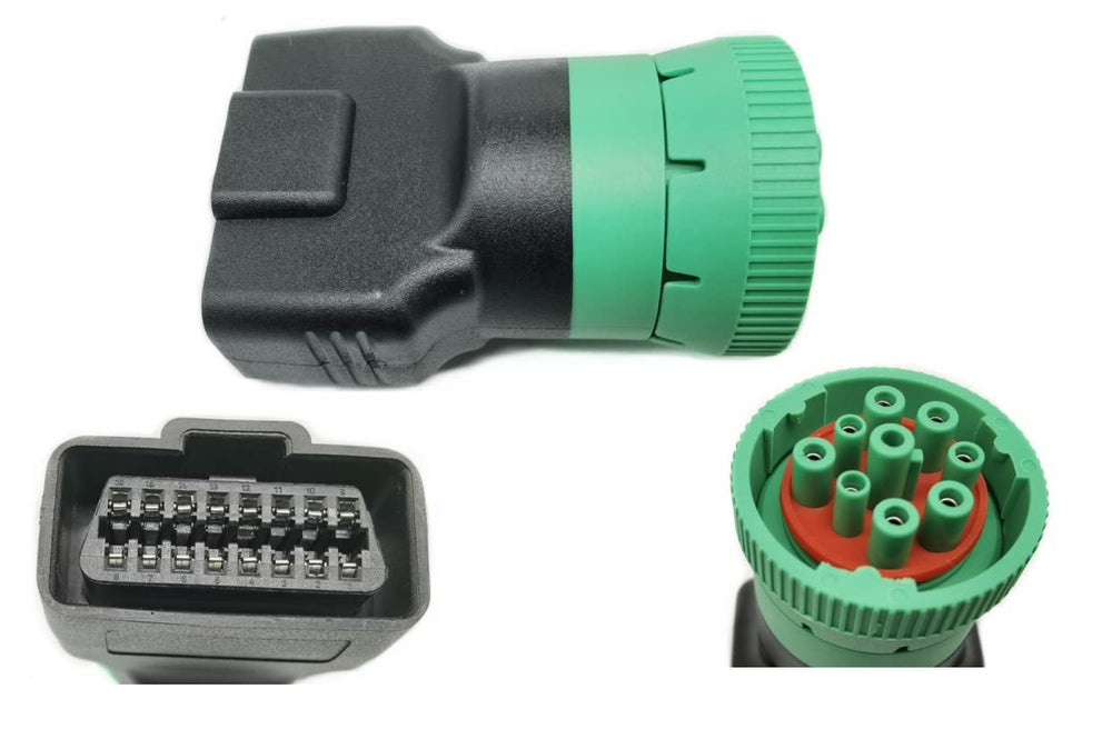 YPP adapter front view showing green 9‑pin plug and OBD2 female port for easy compatibility