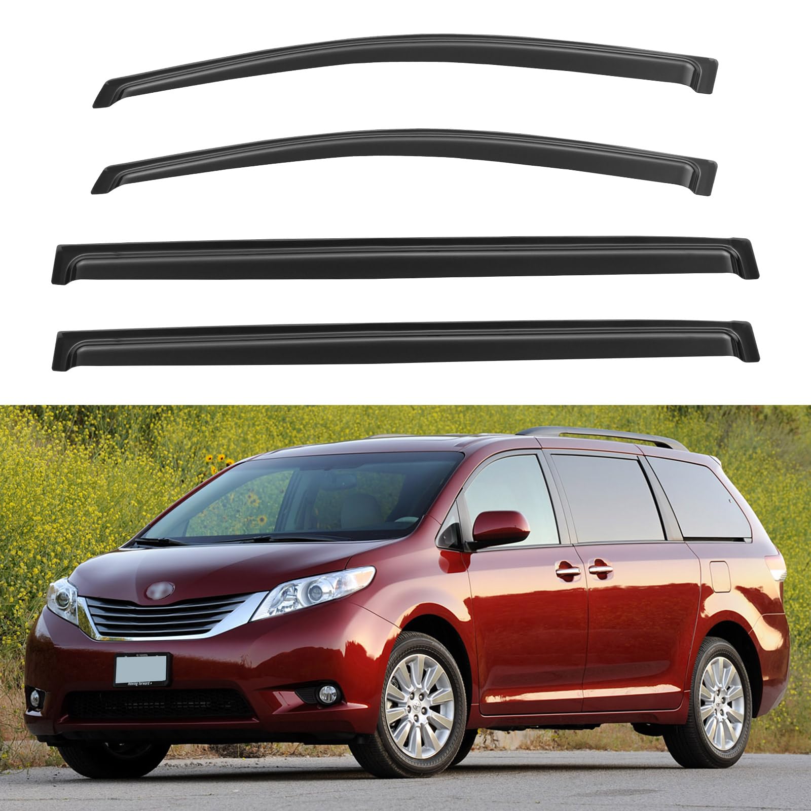 YQAUTEC front left visor packaging showing fit for Toyota Sienna and easy install