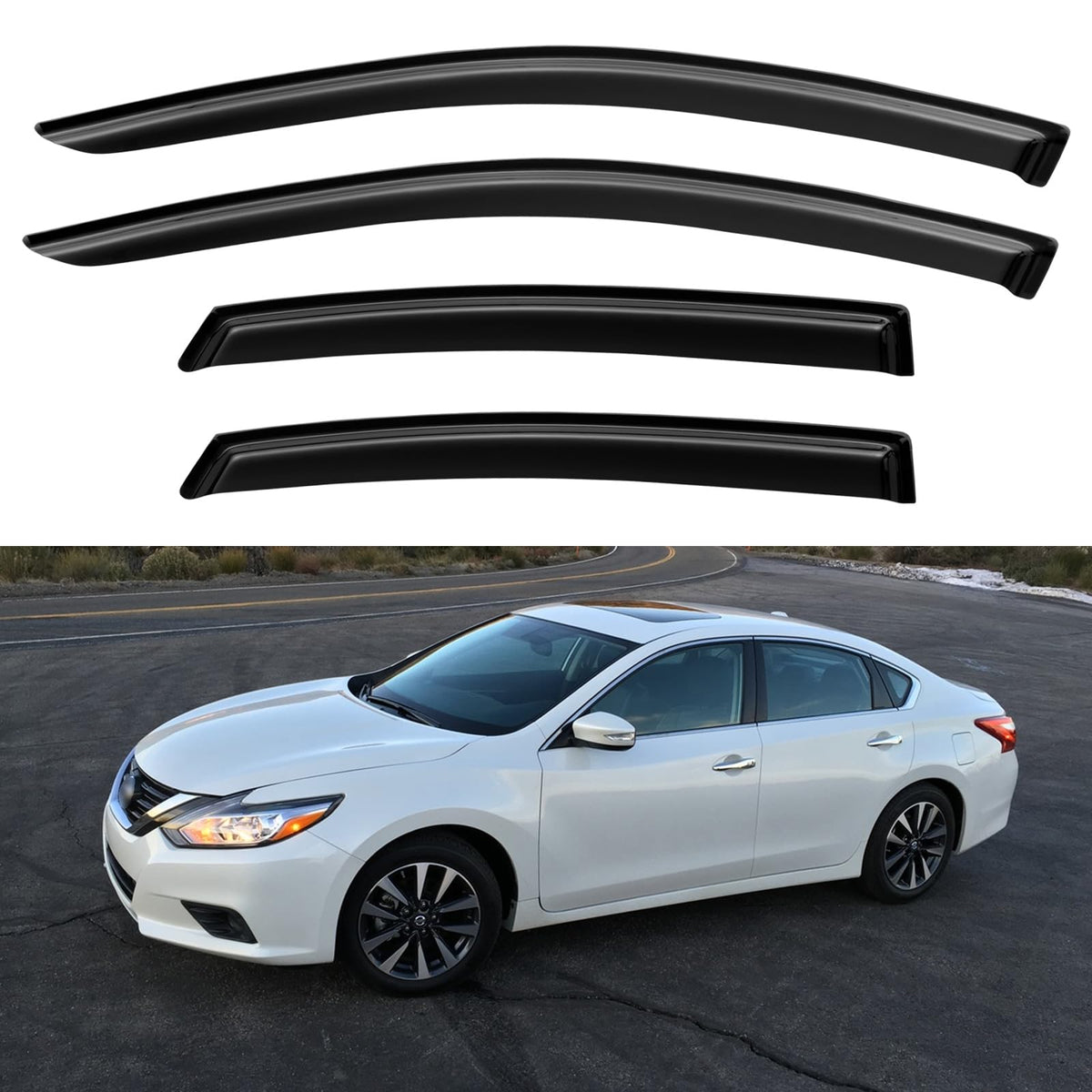 YQAUTEC front packaging showing full 4-piece Altima visor kit and quick benefit