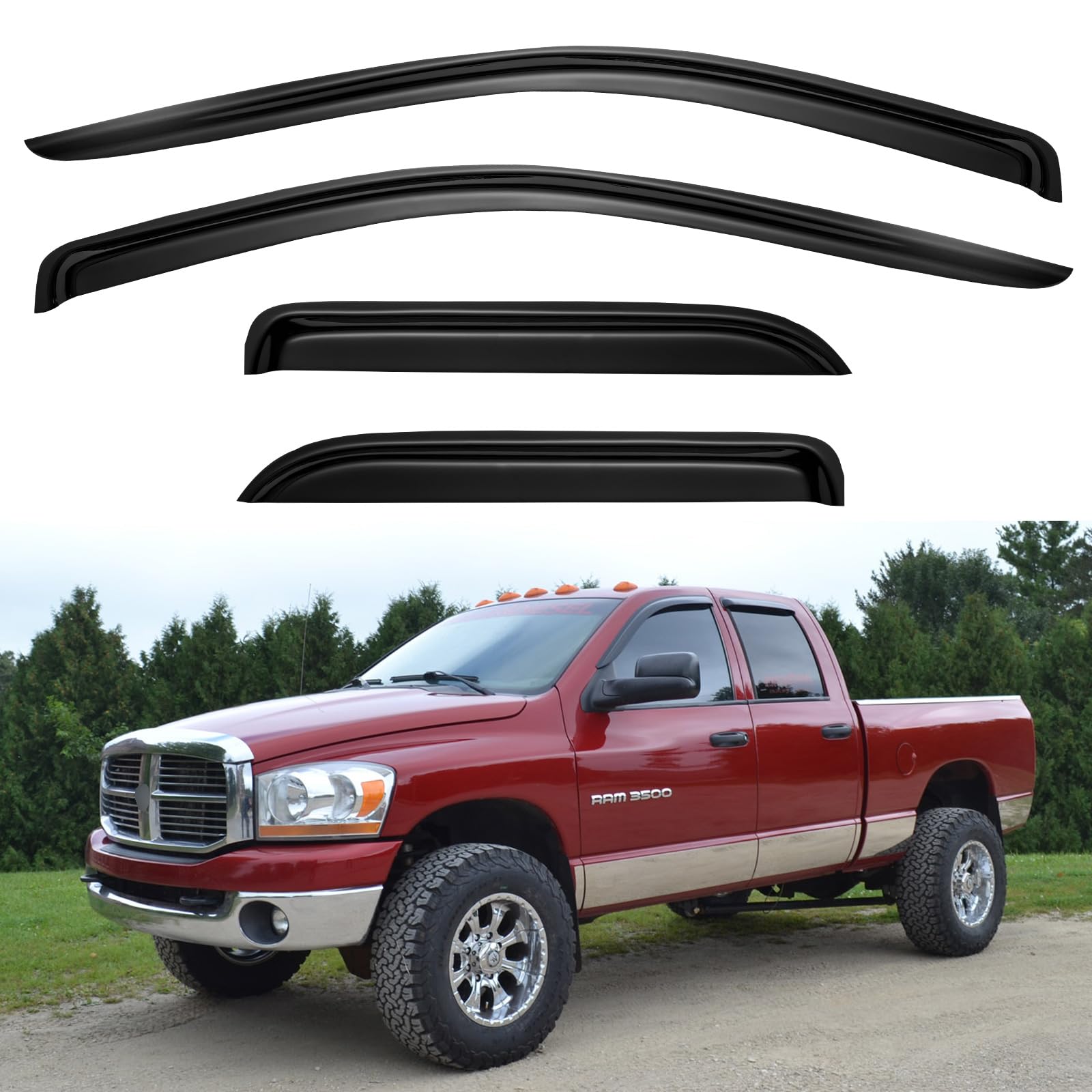 YQAUTEC front visor on Dodge Ram window showing clean fit and improved airflow