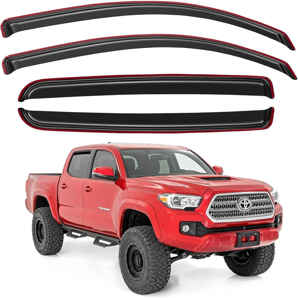 YQAUTEC packaging showing four-piece Tacoma rain guards and included components benefit: complete set