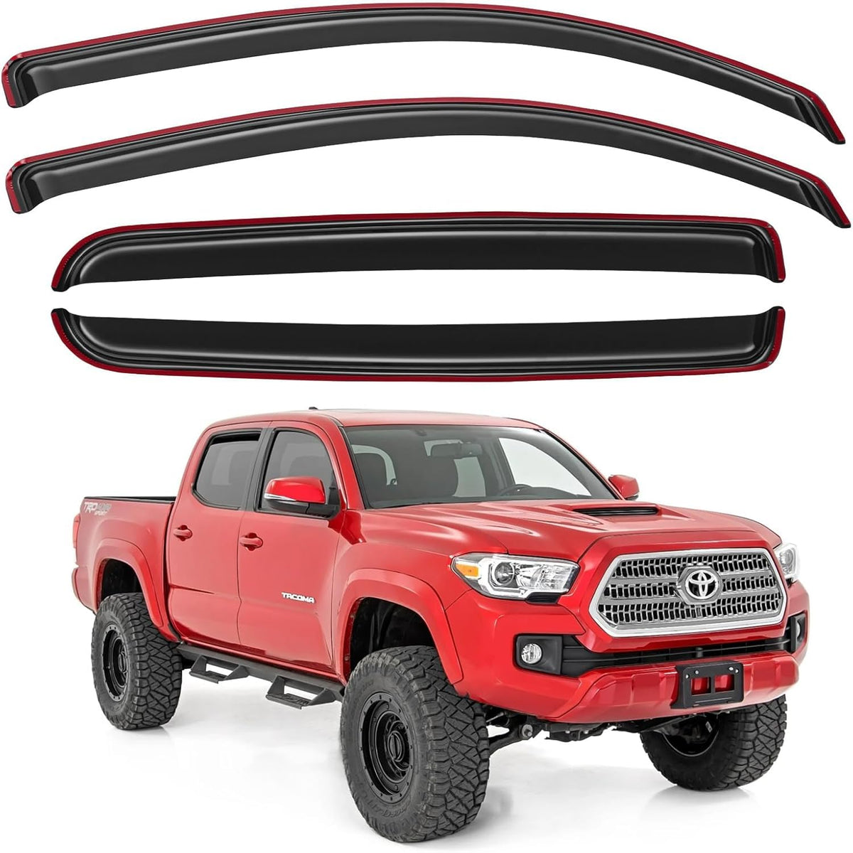 YQAUTEC packaging showing four-piece Tacoma rain guards and included components benefit: complete set