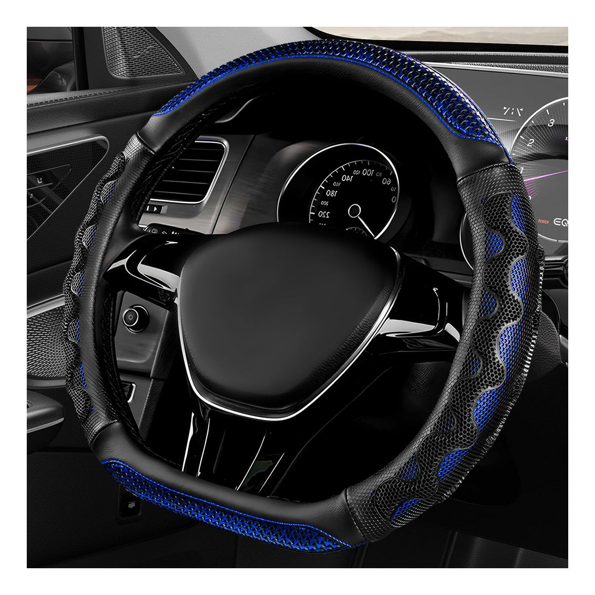 YTFRL front view of blue steering wheel cover showing fit and style benefit