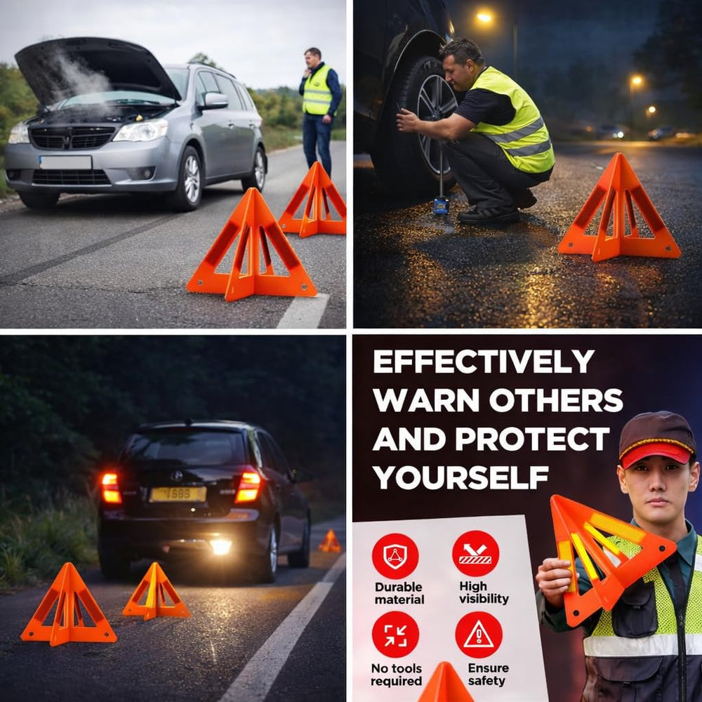 Yudaxsafe triangle beside car tire to show size and portable scale for users