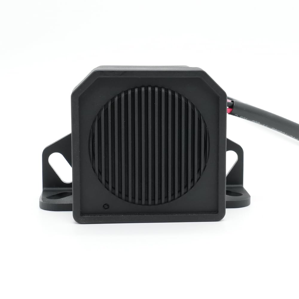 YUESONIC front view of white noise alarm showing compact durable housing and clear warning design