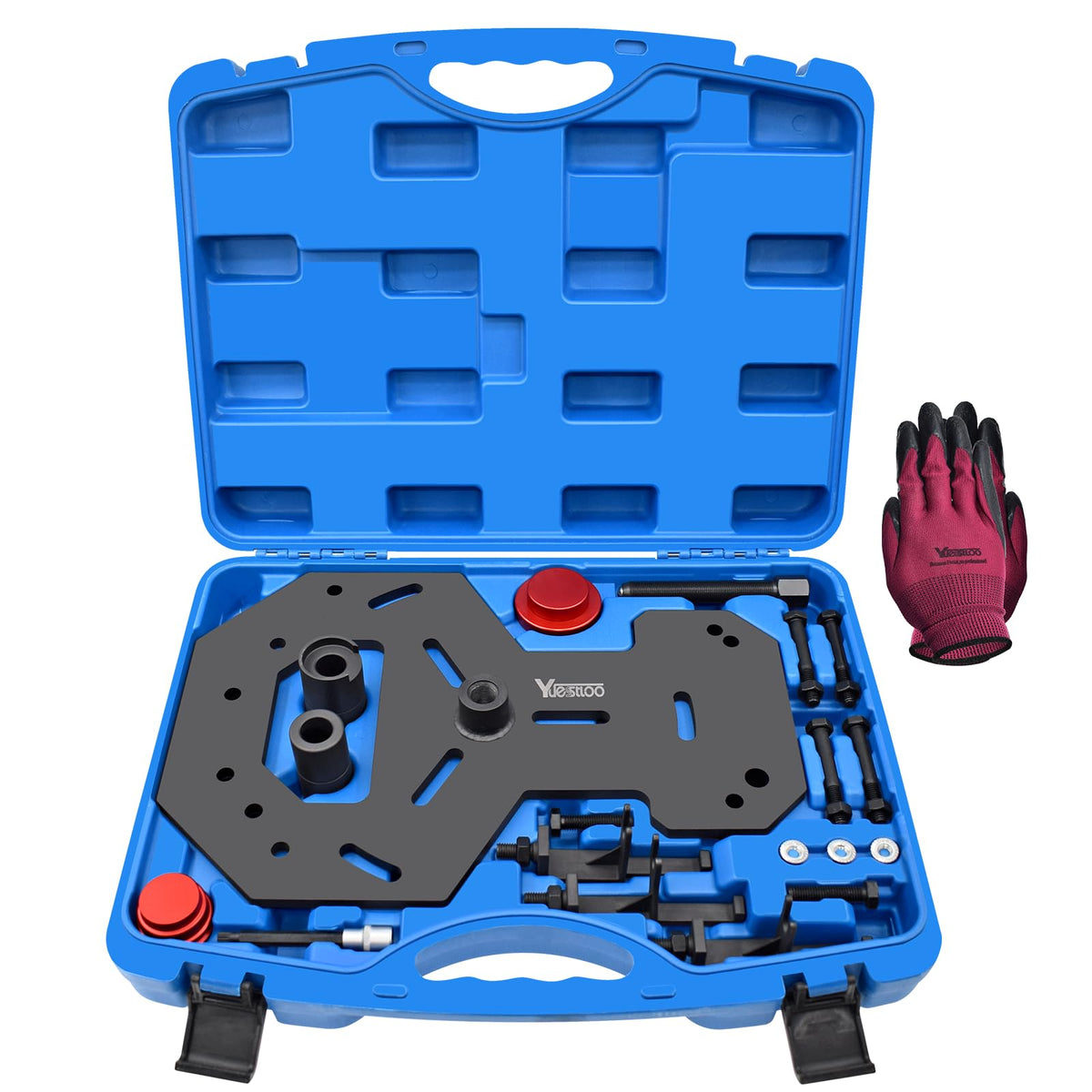 Yuesstloo kit front layout showing organized transmission tools and benefits
