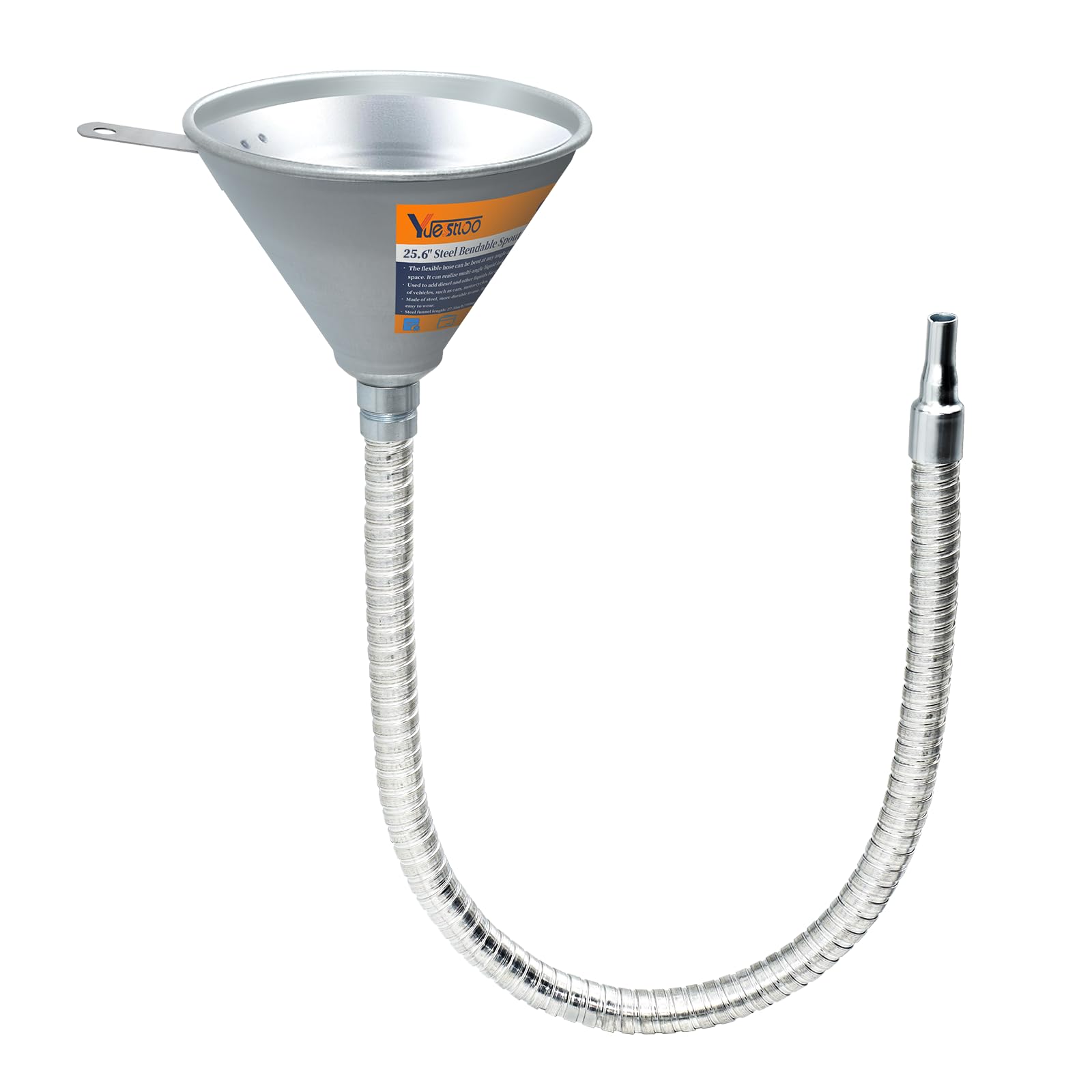 Yuesstloo front view of steel bendable spout funnel showing full length and shape for easy reach