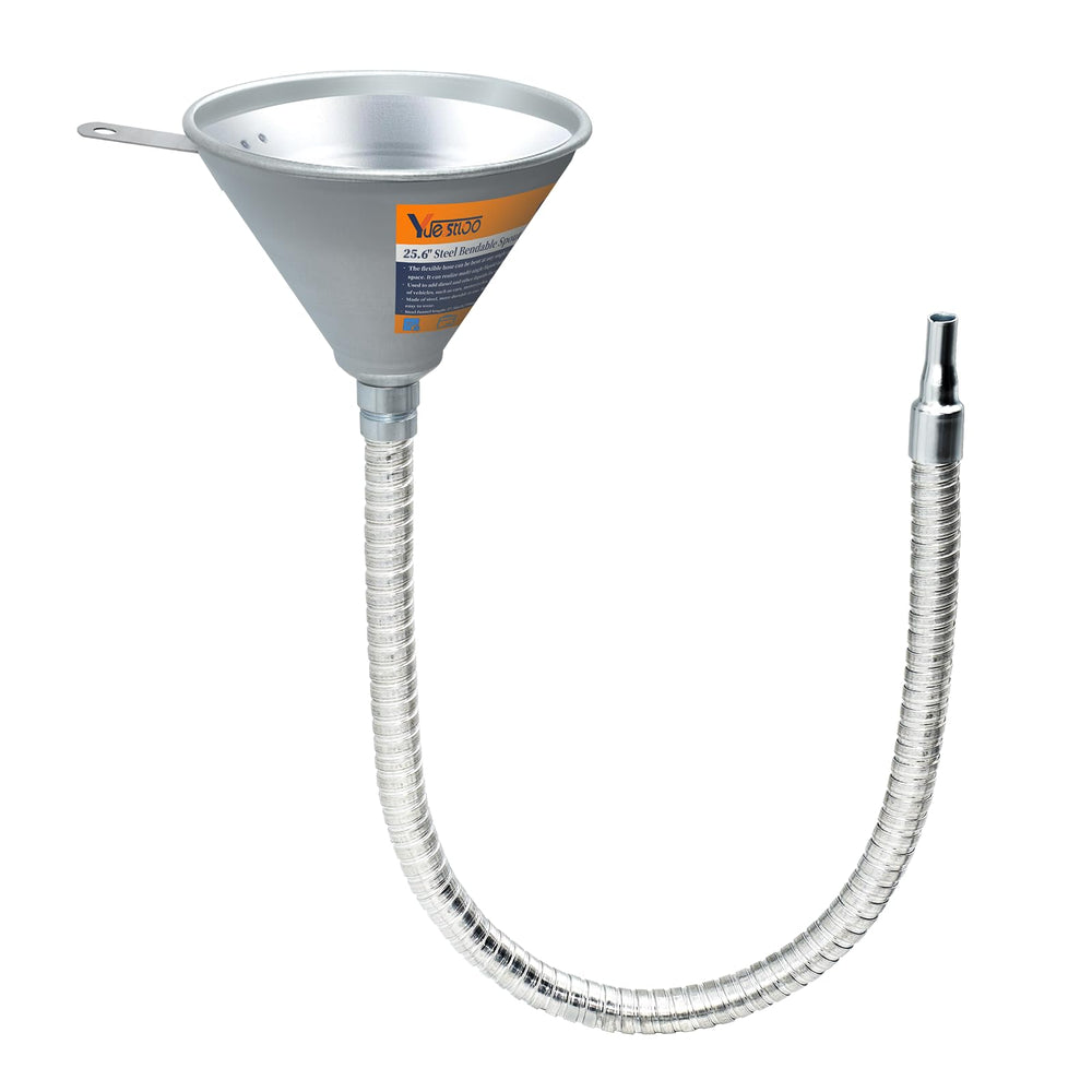 Yuesstloo front view of steel bendable spout funnel showing full length and shape for easy reach