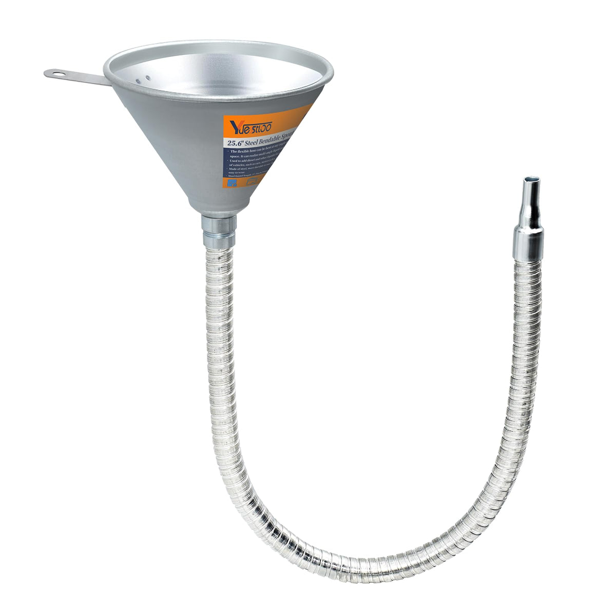 Yuesstloo front view of steel bendable spout funnel showing full length and shape for easy reach