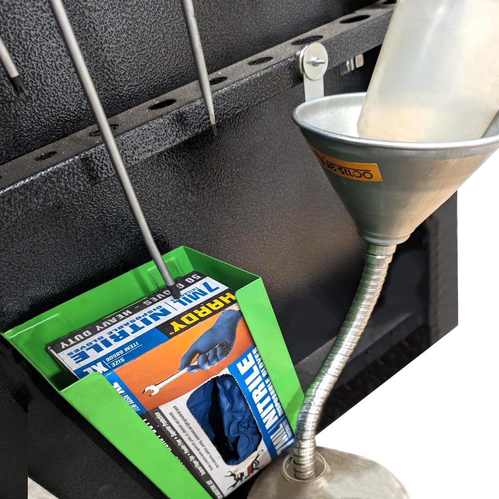 Yuesstloo funnel hung on wall hook beside toolbox showing compact storage and quick access