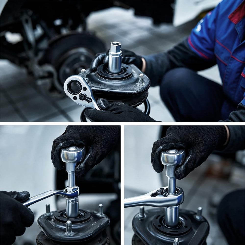 Yuesstloo socket in use on strut illustrating safe nut removal
