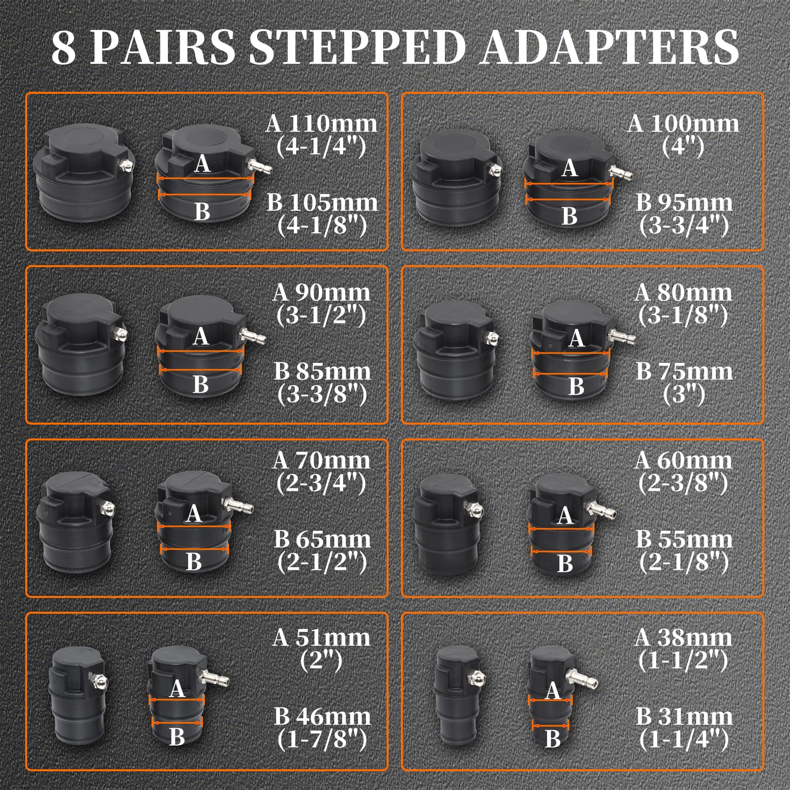 Yuesstloo stepped adaptors layout illustrating wide hose size coverage for fitment